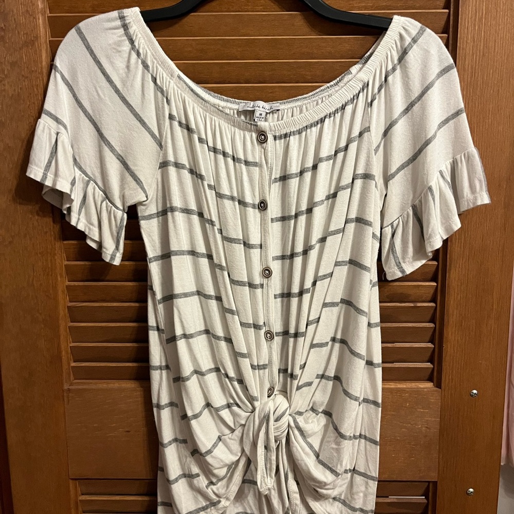 Off-shoulder white & gray striped blouse